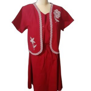Vintage Florissant red sleeveless dress full skirt cotton short jacket MP 1950's